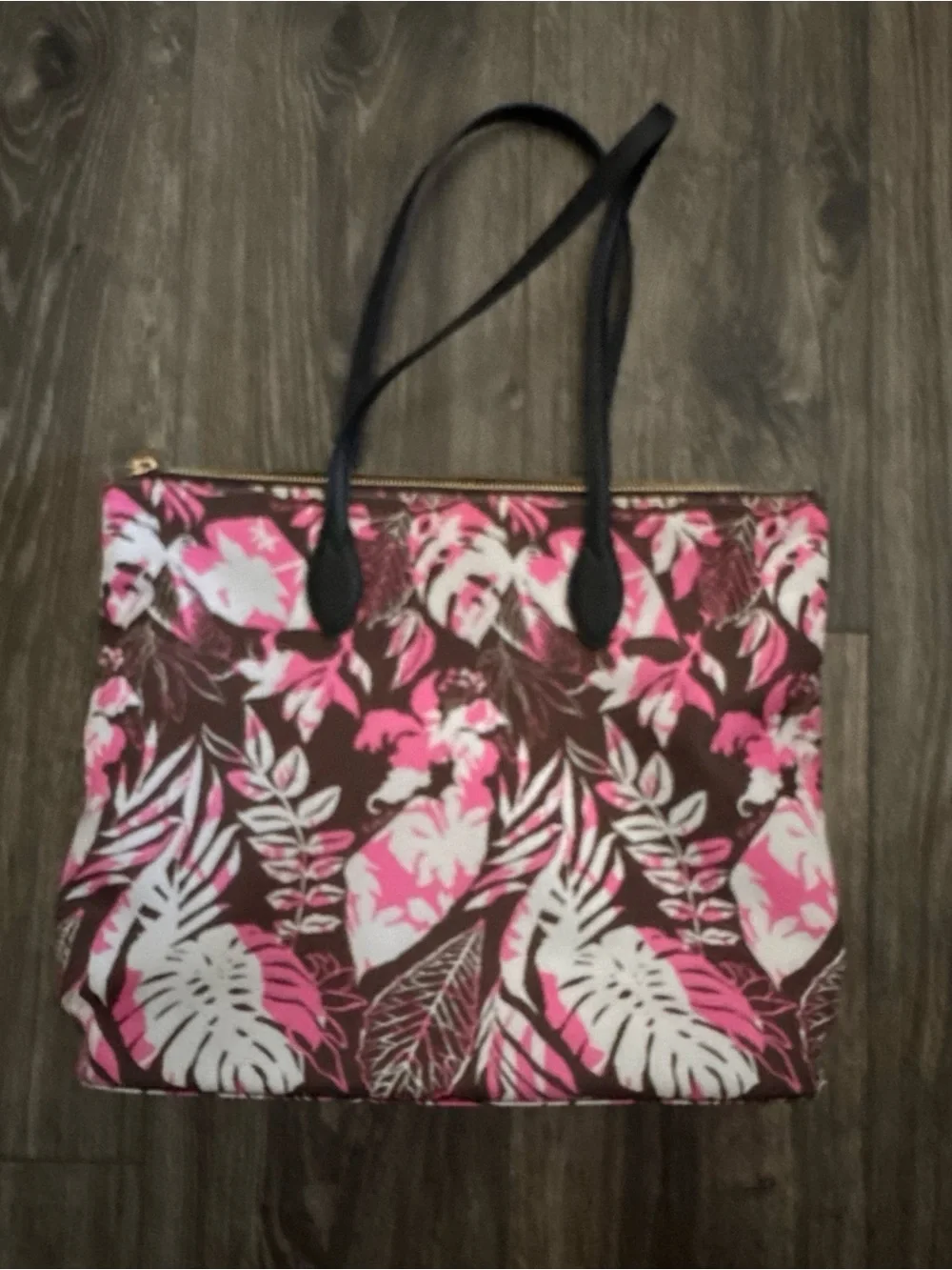 Furla Pink, Brown and White Floral Tote with Black Handles